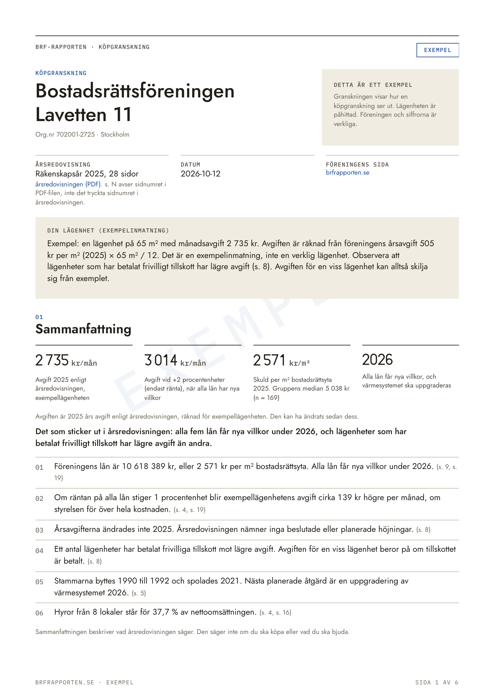 Exempelsida 1 av 3 ur en köpgranskning